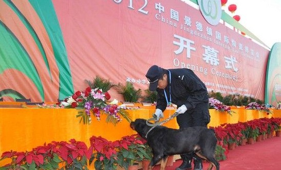 江西景德镇陶瓷博览会开幕 安检门与搜爆犬共同安保